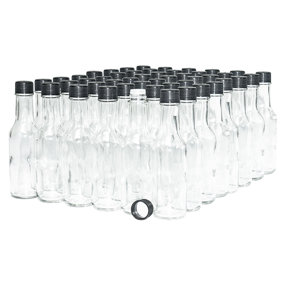 5 oz. Clear Glass Hot Sauce Bottle with Black Foam-Lined Cap and Orifice Reducer (24/414) (V23) (V23)