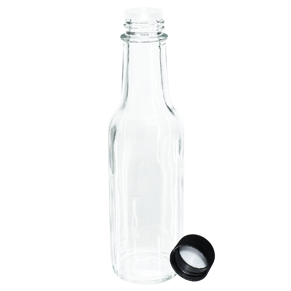 5 oz. Clear Glass Hot Sauce Bottle with Black Foam-Lined Cap and Orifice Reducer (24/414) (V1)-24 (V1)