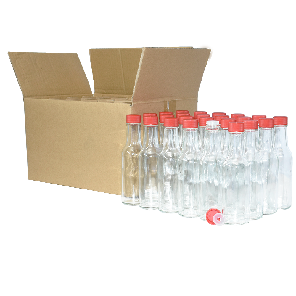 5 oz. Clear Glass Hot Sauce Bottle with Red Unlined Cap and Orifice Reducer (24/414) (V1)-24 (V1)