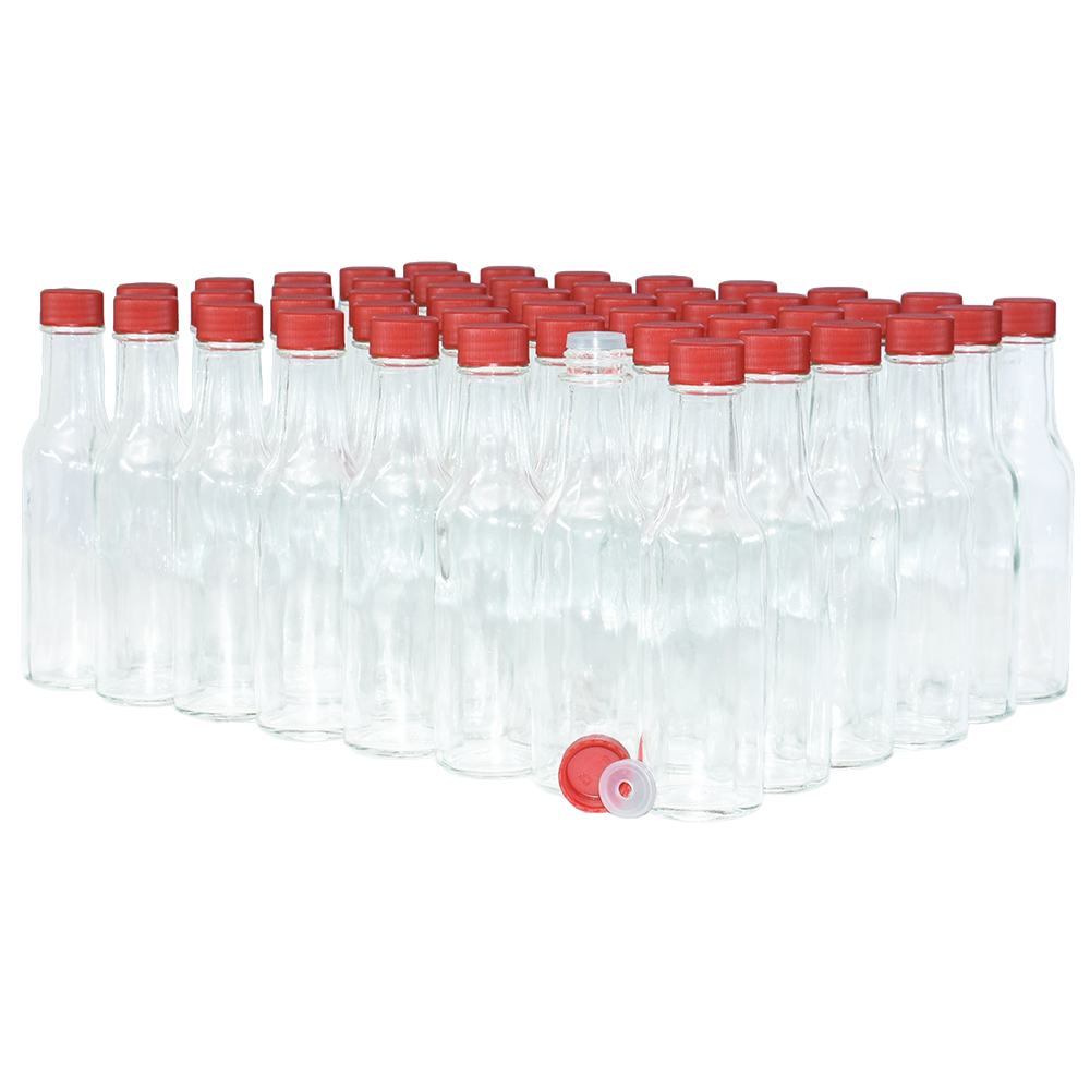 5 oz. Clear Glass Hot Sauce Bottle with Red Unlined Cap and Orifice Reducer (24/414) (V1)-24 (V1)