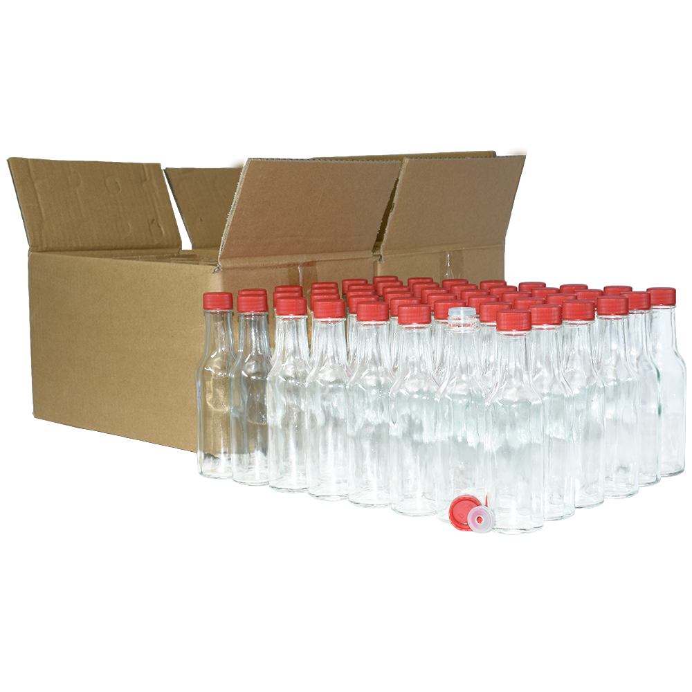 5 oz. Clear Glass Hot Sauce Bottle with Red Unlined Cap and Orifice Reducer (24/414) (V1)-24 (V1)