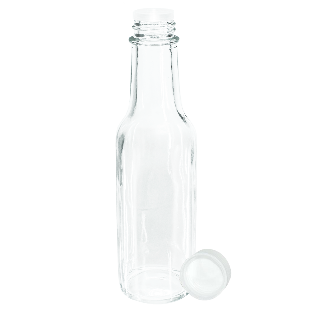 5 oz. Clear Glass Hot Sauce Bottle with White Unlined Cap and Orifice Reducer (24/414) (V1)-24 (V1)