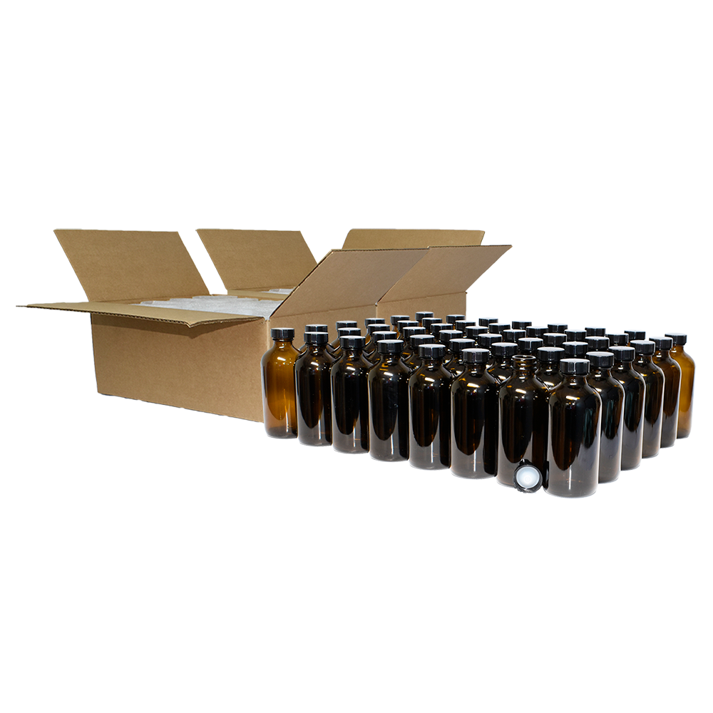 8 oz. Amber Boston Round with Black Poly Cone Cap (28/400) (V23) (V5)