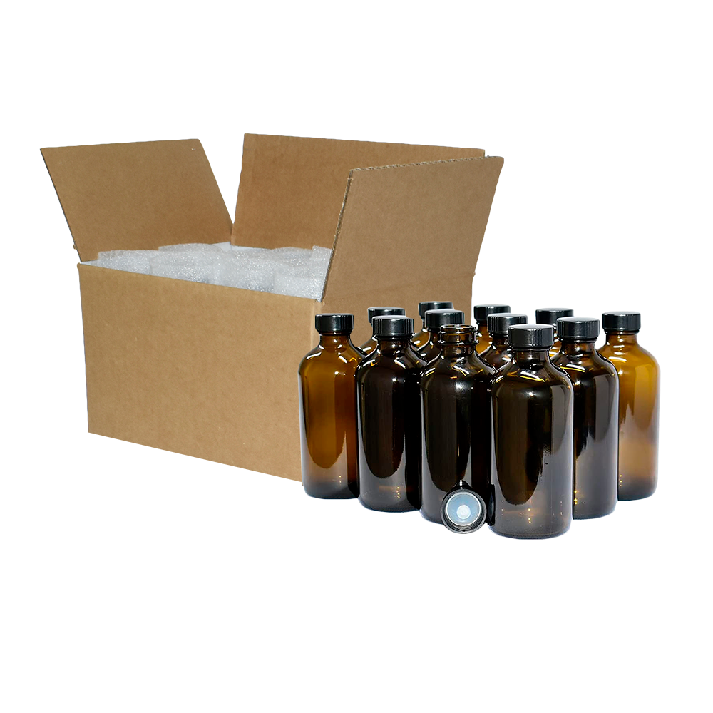 8 oz. Amber Boston Round with Black Poly Cone Cap (28/400) (V5) (V5)