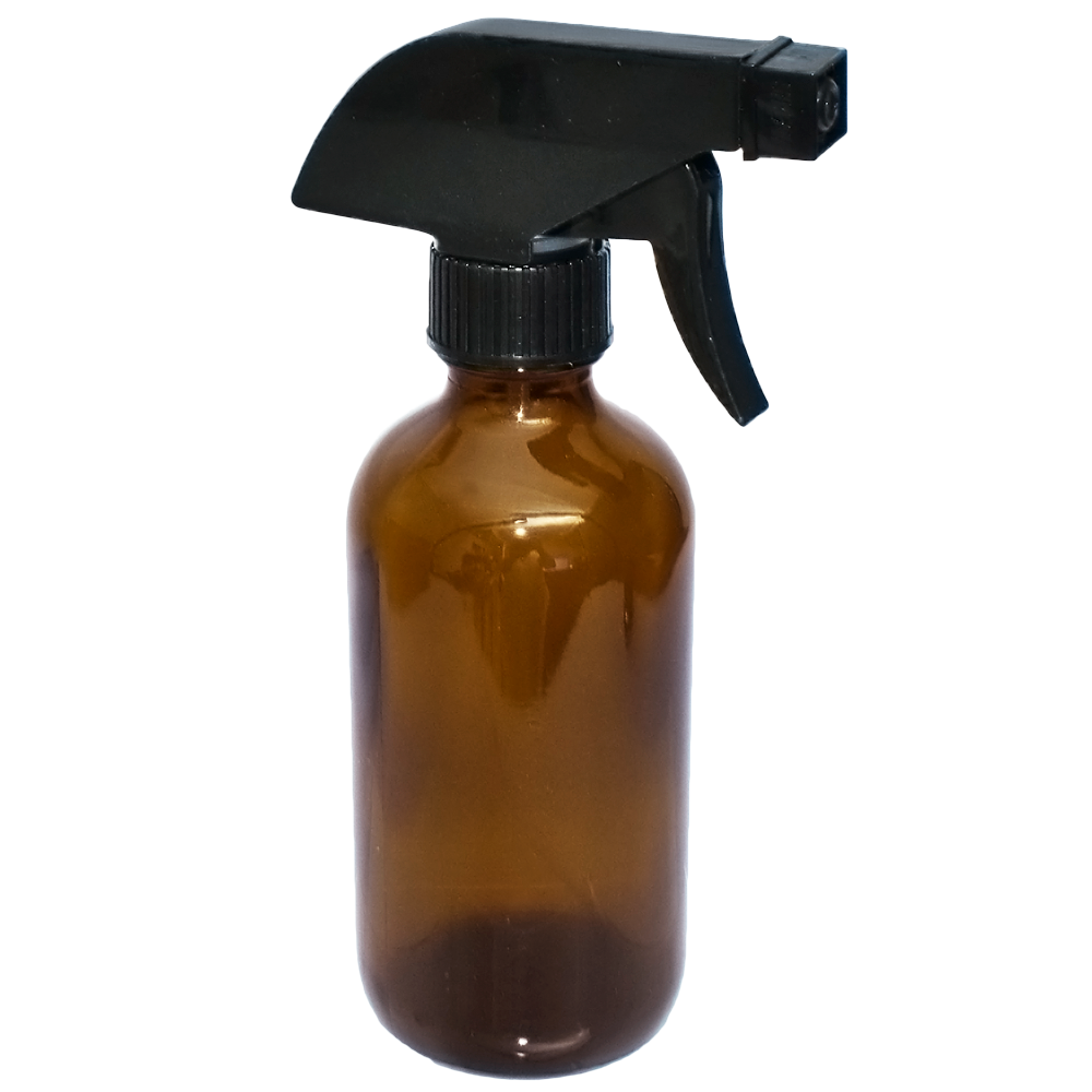 8 oz. Amber Boston Round with Black Poly Cone Caps and Black Trigger Sprayer (28/400) (V23) (V5) (V13)