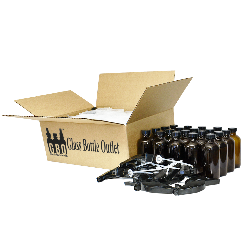 8 oz. Amber Boston Round with Black Poly Cone Caps and Black Trigger Sprayer (28/400) (V23) (V5) (V13)