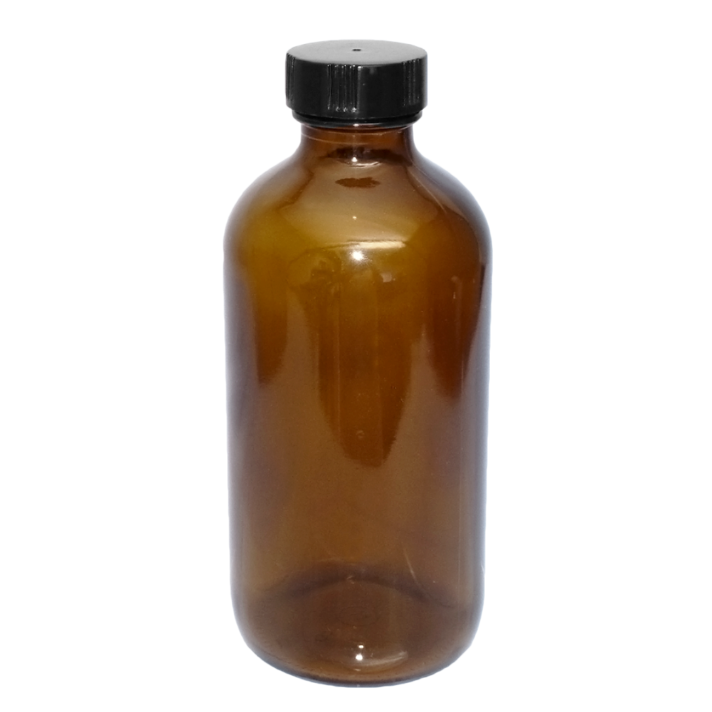 8 oz. Amber Boston Round with Black Poly Cone Caps and Black Trigger Sprayer (28/400) (V5) (V5) (V13)-Glass Bottle Outlet