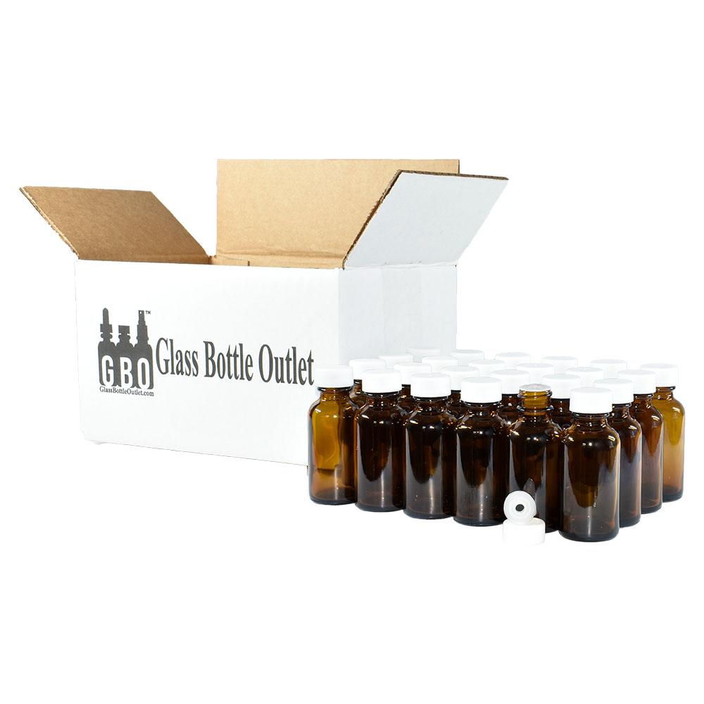 1 oz. Amber Boston Round with Reducer and White Cap (20/400) (V7) (V1)