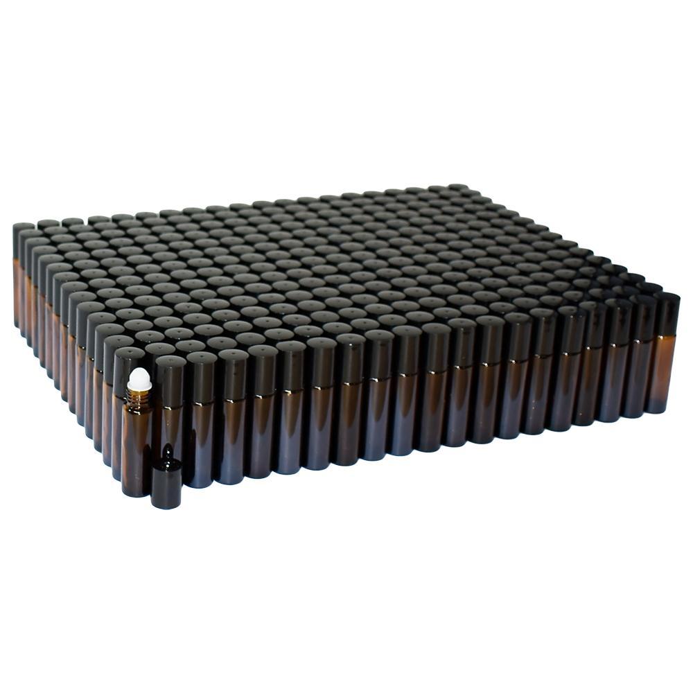 1/3 oz. (10 ml) Amber Glass Roll-on Bottle with Black Cap (Plastic Ball) (V10)