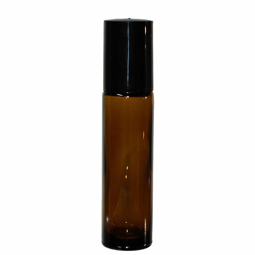 1/3 oz. (10 ml) Amber Glass Roll-on Bottle with Black Cap (Plastic Ball) (V3)