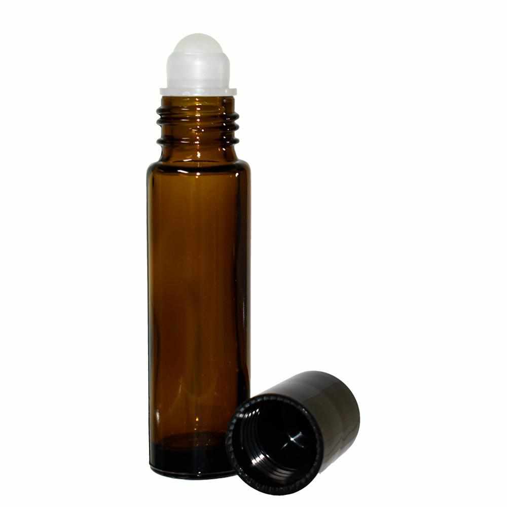 1/3 oz. (10 ml) Amber Glass Roll-on Bottle with Black Cap (Plastic Ball) (V3)