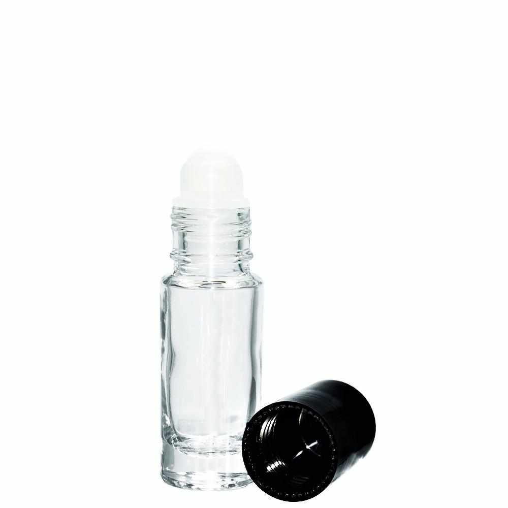 1/6 oz. (5 ml) Clear Glass Roll-on Bottle with Black Cap (Plastic Ball) (V3)