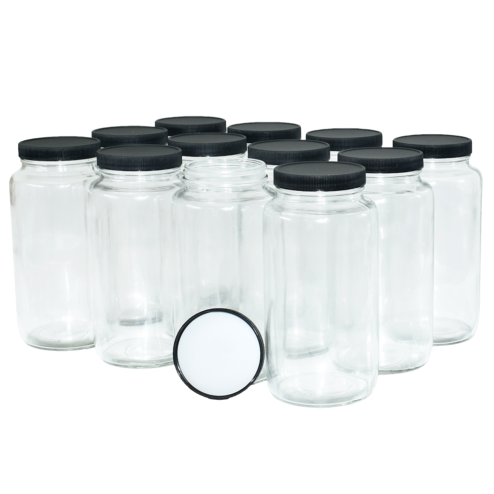 Clear Glass Jars, Black Solid Polyethylene Lined Caps, 6oz, case/24