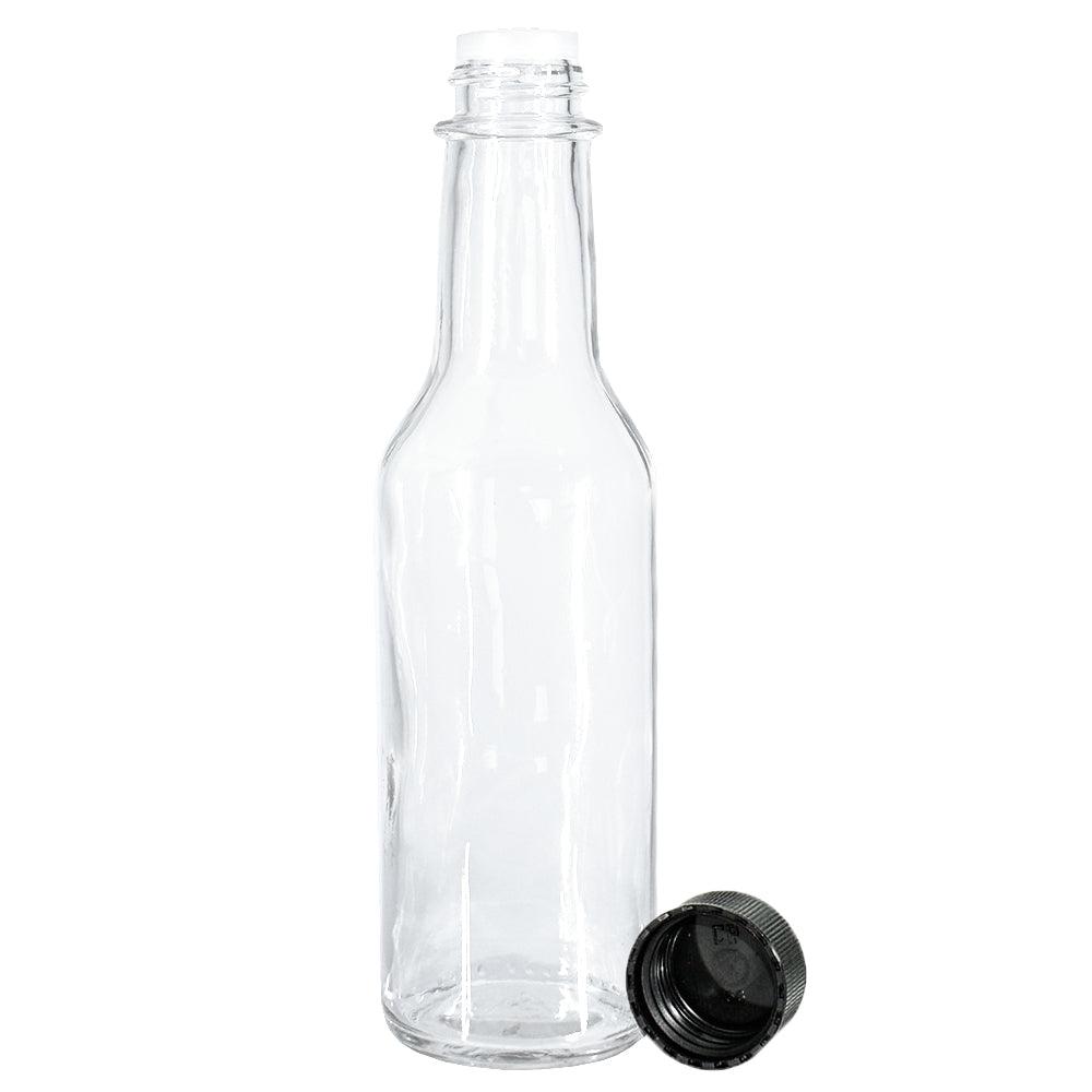 5 oz. Clear Glass Hot Sauce Bottle with Black Unlined Cap and Orifice Reducer (24/414) (V1)-24 (V1)-Glass Bottle Outlet