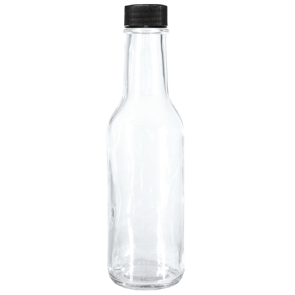 5 oz. Clear Glass Hot Sauce Bottle with Black Unlined Cap and Orifice Reducer (24/414) (V1)-24 (V1)