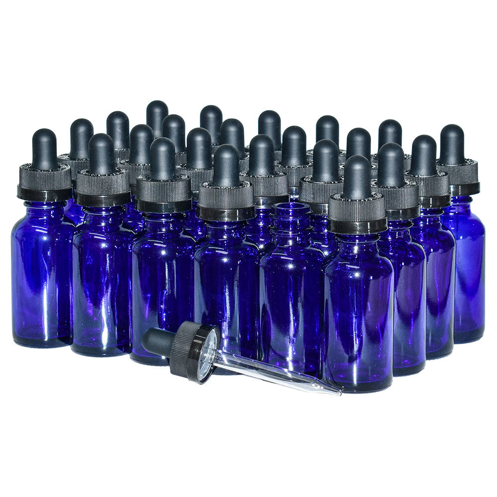 1 oz. Cobalt Blue Boston Round with Black Child-Resistant Dropper (20/400) (V23) (V8)