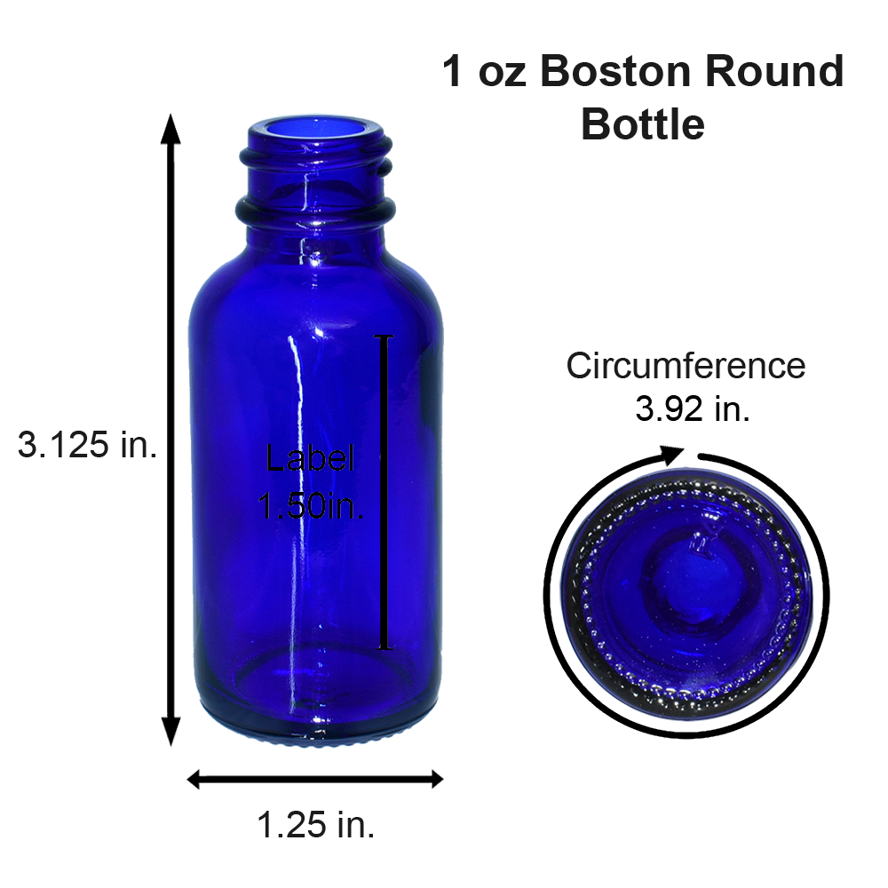 1 oz. Cobalt Blue Boston Round with Large Bulb Graduated Black Glass Dropper (20/400) (V23) (V15)