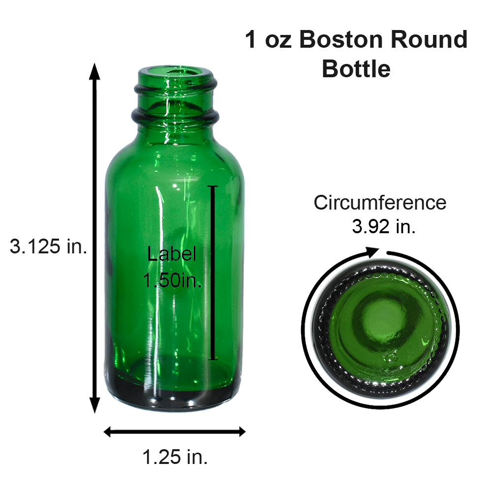 1 oz. Green Boston Round with Large Bulb Graduated Black Glass Dropper (20/400) (V23) (V15)