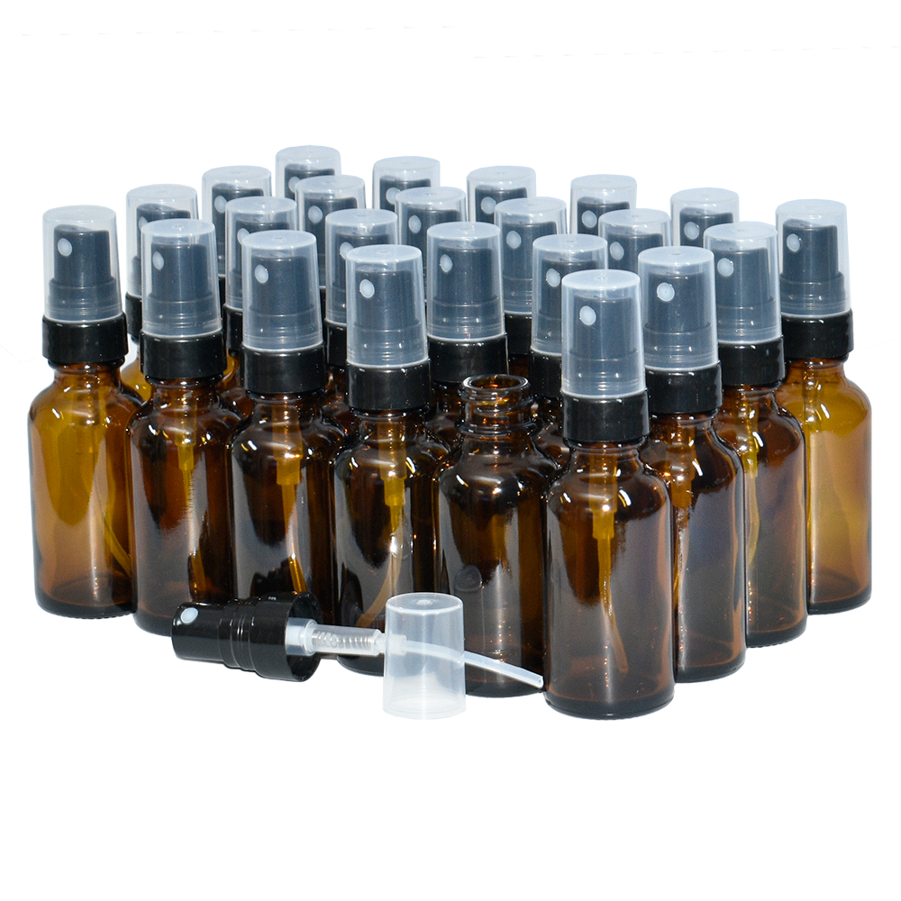 1 oz. Amber Boston Round with Black Fine-Mist Sprayer (Smooth) (.16 ml Per Spray) (20/400) (V23) (V20)-Glass Bottle Outlet