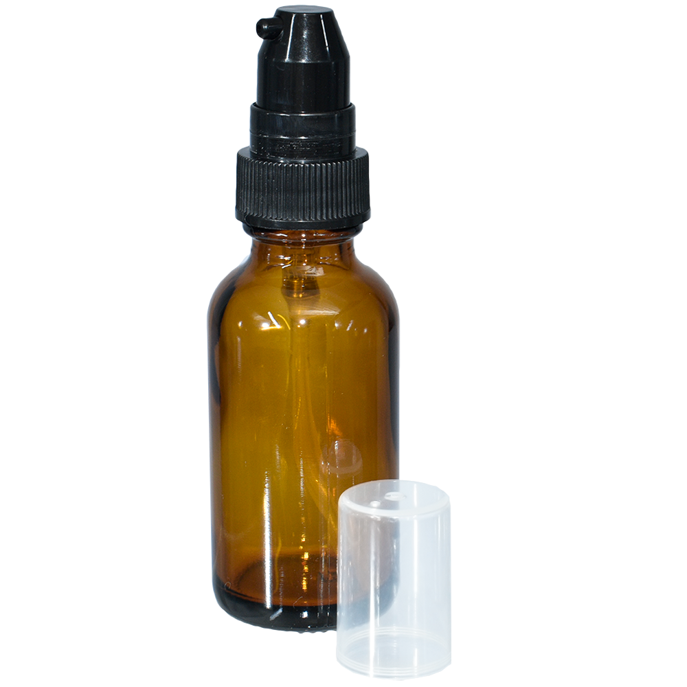 1 oz. Amber Boston Round with Black Treatment Pump (20/400) (V23) (V20)-Glass Bottle Outlet