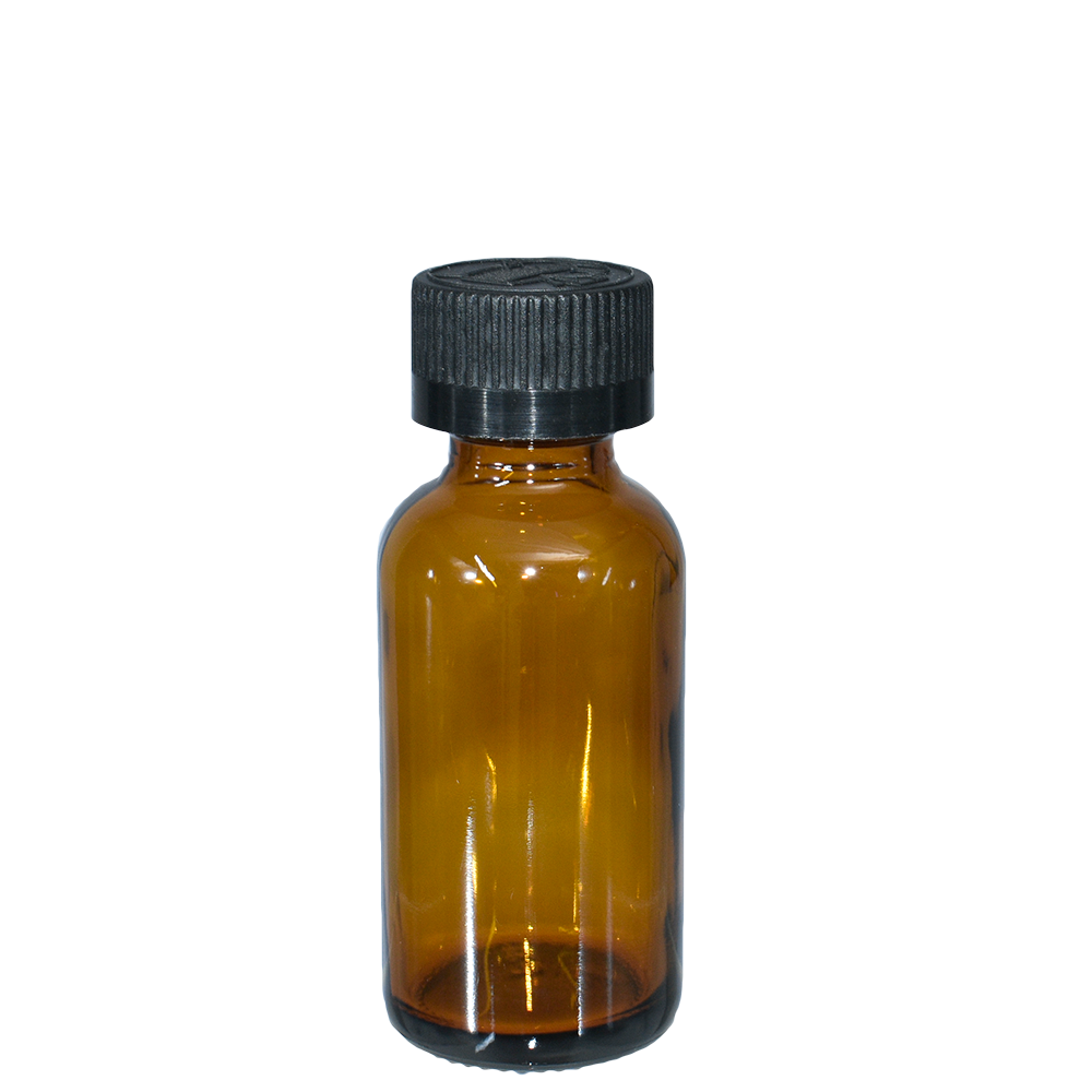 1 oz. Amber Boston Round with Reducer and Black Child-Resistant Cap (20/400) (V8) (V6)-Glass Bottle Outlet