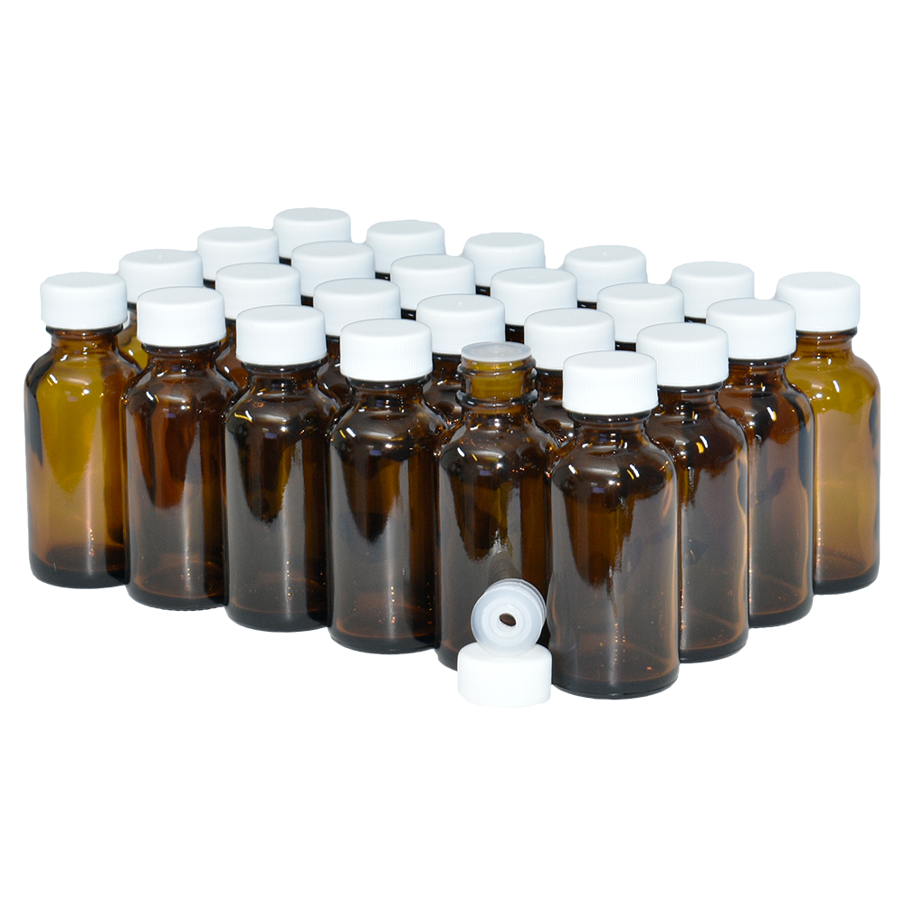 1 oz. Amber Boston Round with Reducer and White Cap (20/400) (V23) (V1)-Glass Bottle Outlet