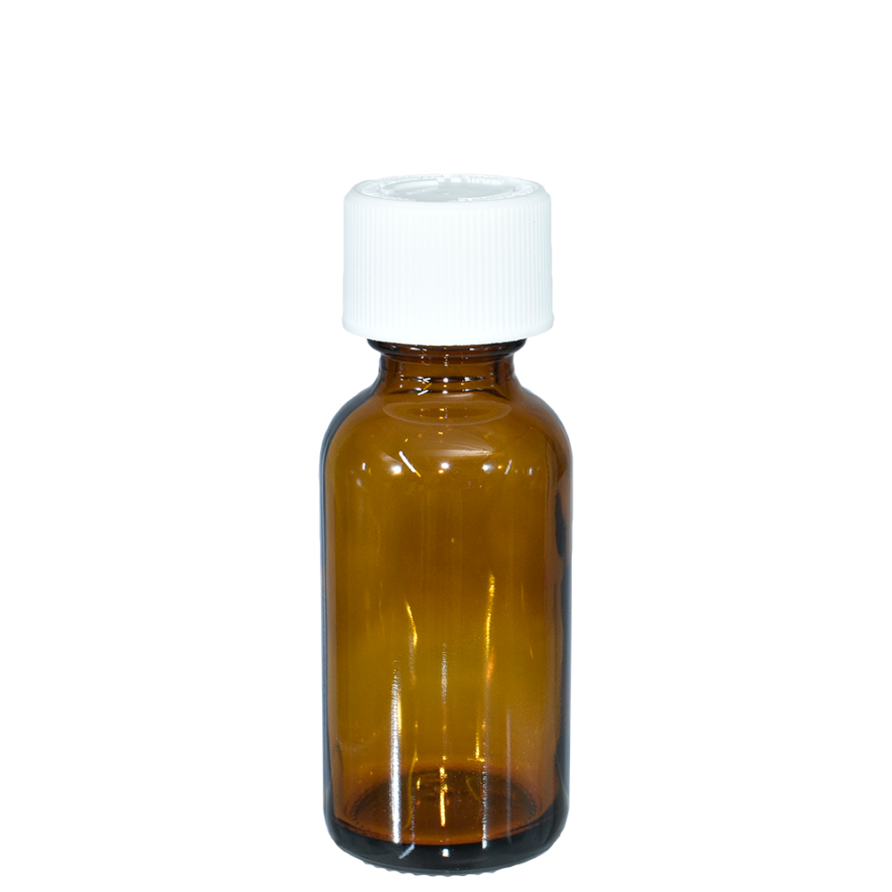 1 oz. Amber Boston Round with Reducer and White Child-Resistant Cap (20/400) (V23) (V1)-Glass Bottle Outlet