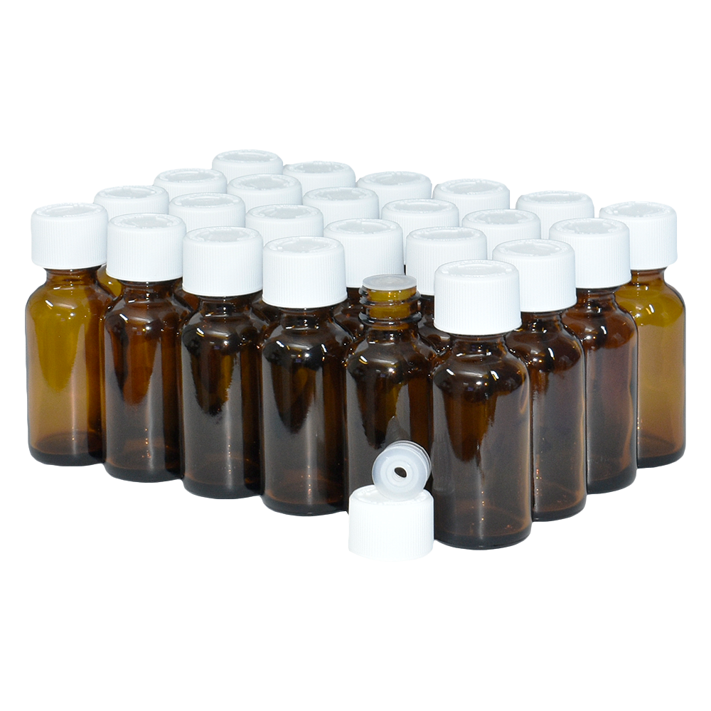 1 oz. Amber Boston Round with Reducer and White Child-Resistant Cap (20/400) (V23) (V1)-Glass Bottle Outlet