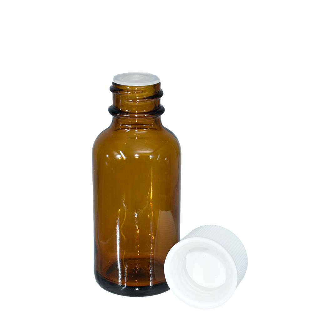 1 oz. Amber Boston Round with Reducer and White Child-Resistant Cap (20/400) (V8) (V6)-Glass Bottle Outlet