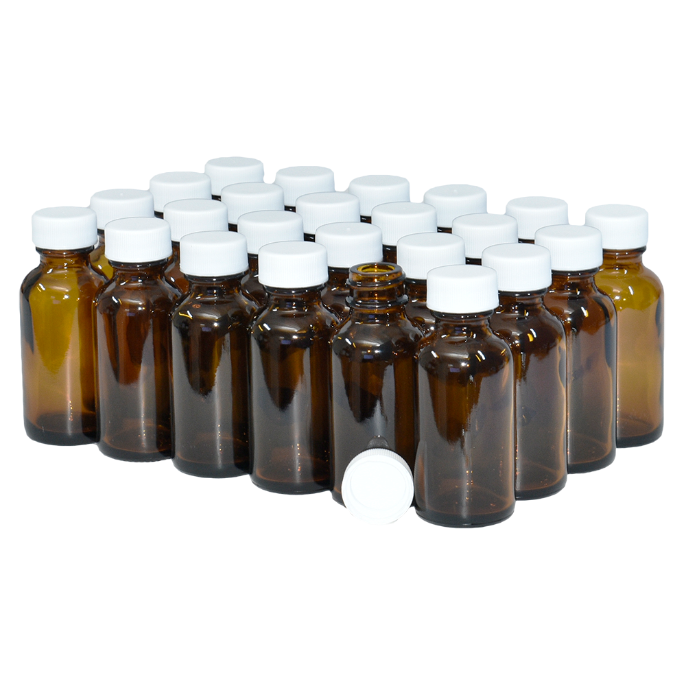 1 oz. Amber Boston Round with White Cap (20/400) (V23) (V1)-Glass Bottle Outlet
