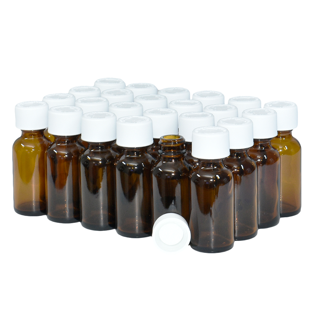1 oz. Amber Boston Round with White Child-Resistant Cap (20/400) (V23) (V1)-Glass Bottle Outlet