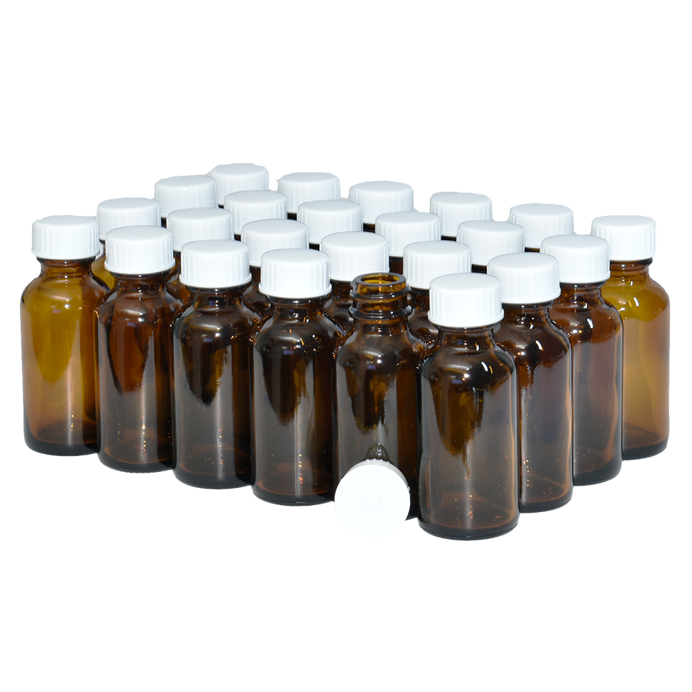 1 oz. Amber Boston Round with White Poly Cone Cap (20/400) (V23) (V20)-Glass Bottle Outlet
