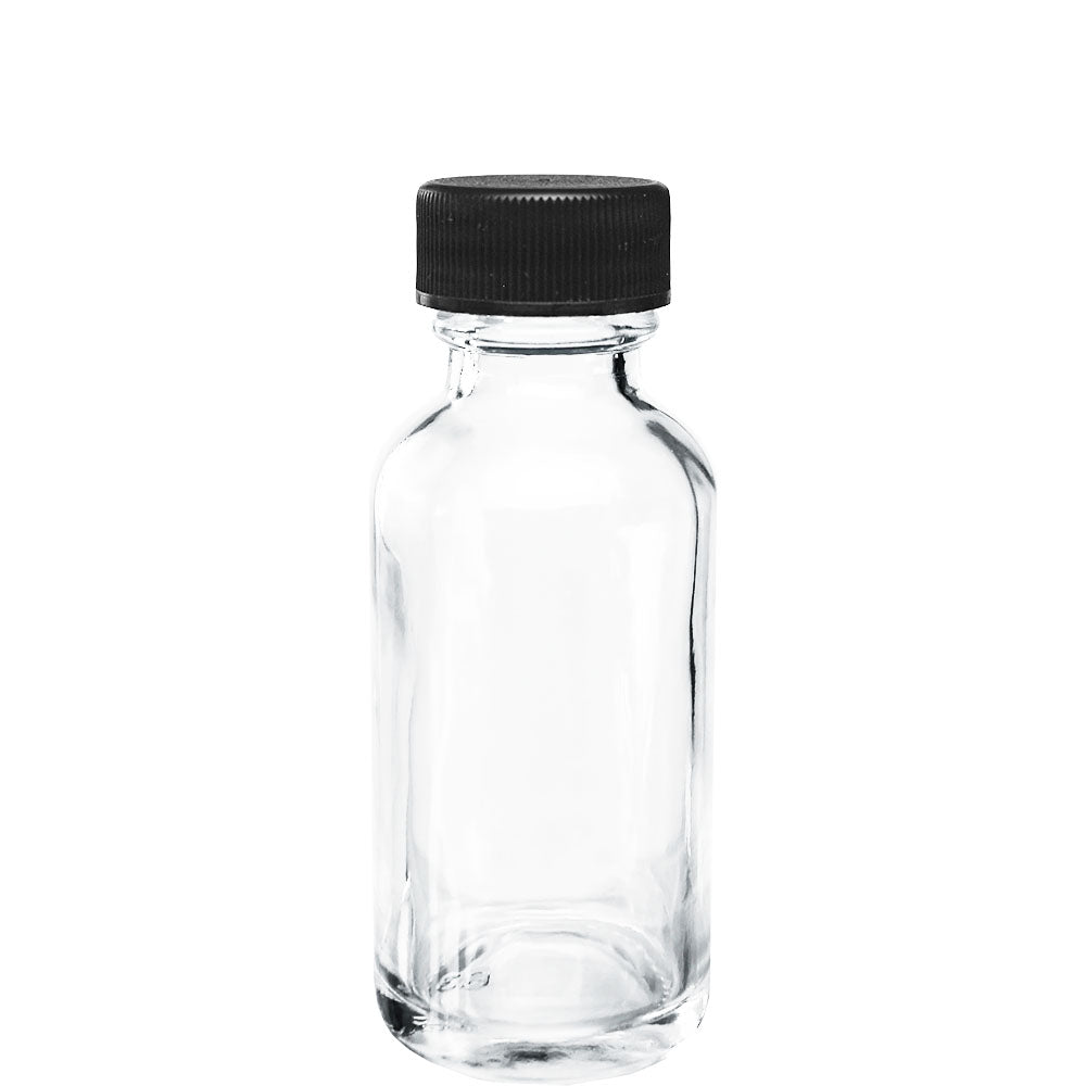 1 oz. Clear Boston Round with Black Cap (20/400) (V23) (V6)-Glass Bottle Outlet