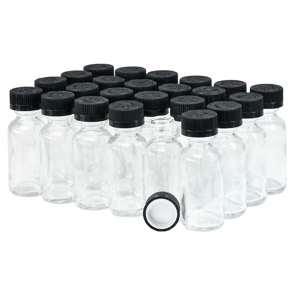 1 oz. Clear Boston Round with Black Child-Resistant Cap (20/400) (V8) (V6)-Glass Bottle Outlet