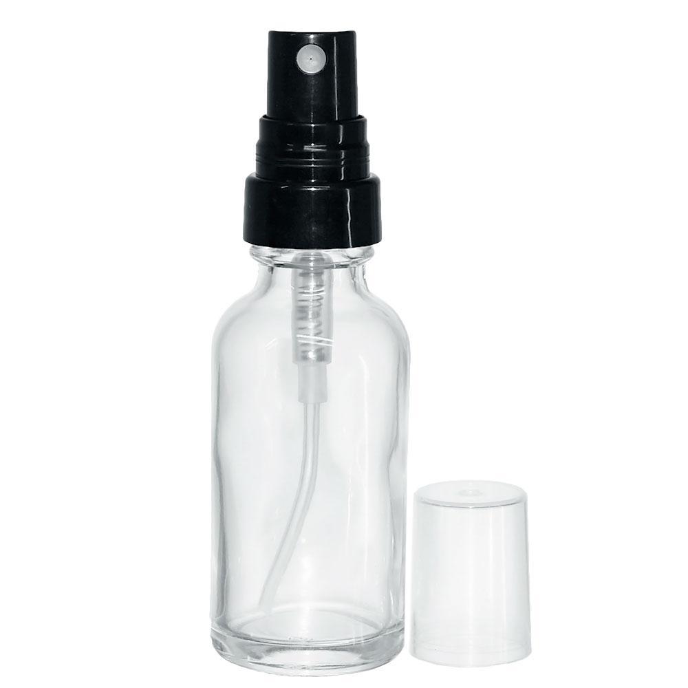 1 oz. Clear Boston Round with Black Fine-Mist Sprayer (Smooth) (.16 ml Per Spray) (20/400) (V23) (V20)-Glass Bottle Outlet