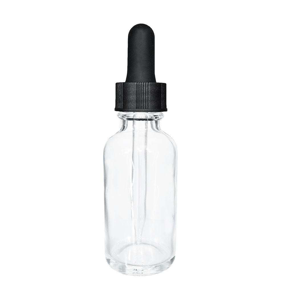 1 oz. Clear Boston Round with Black Glass Dropper (20/400) (V23) (V23)-Glass Bottle Outlet
