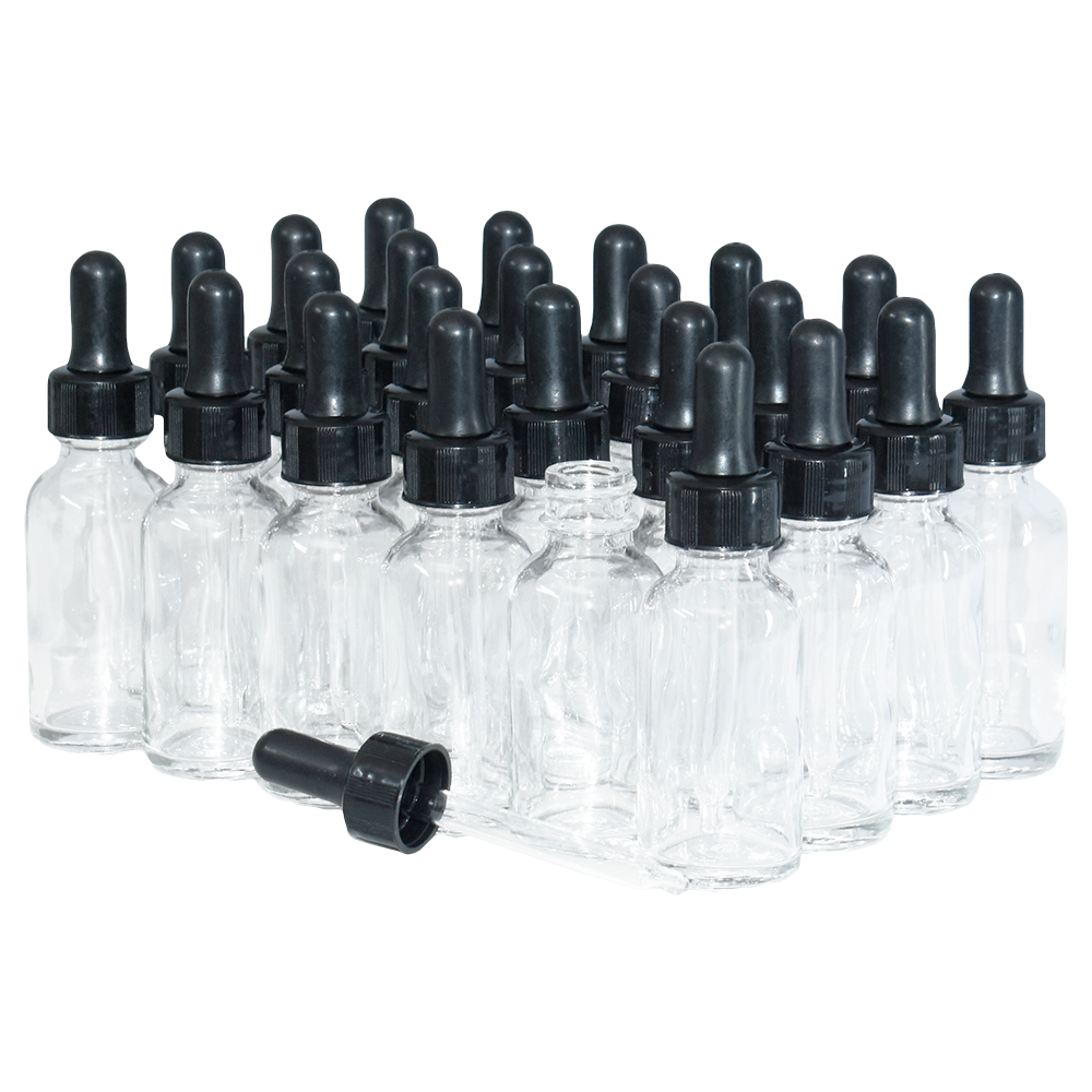 1 oz. Clear Boston Round with Black Nitrile Glass Dropper (20/400) (V23) (V12)-Glass Bottle Outlet