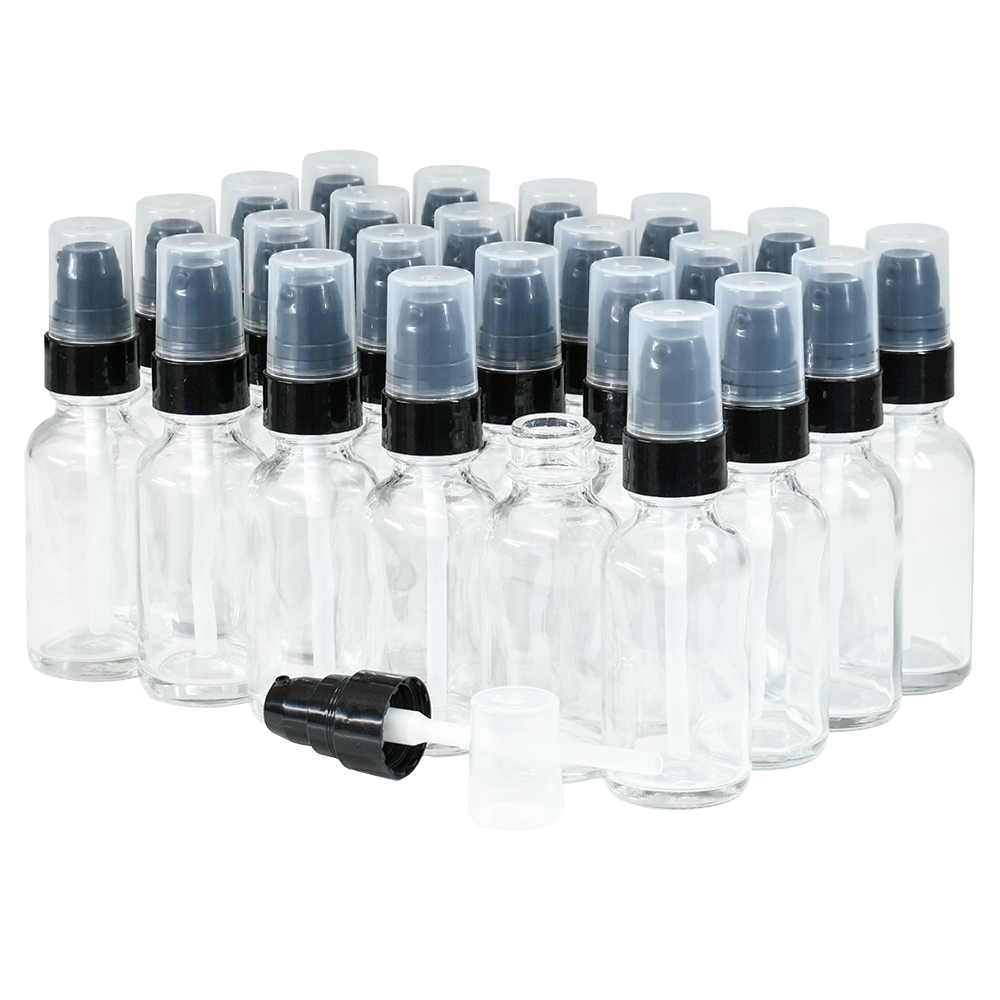 1 oz. Clear Boston Round with Black Treatment Pump (20/400) (V20) (V15)-Glass Bottle Outlet