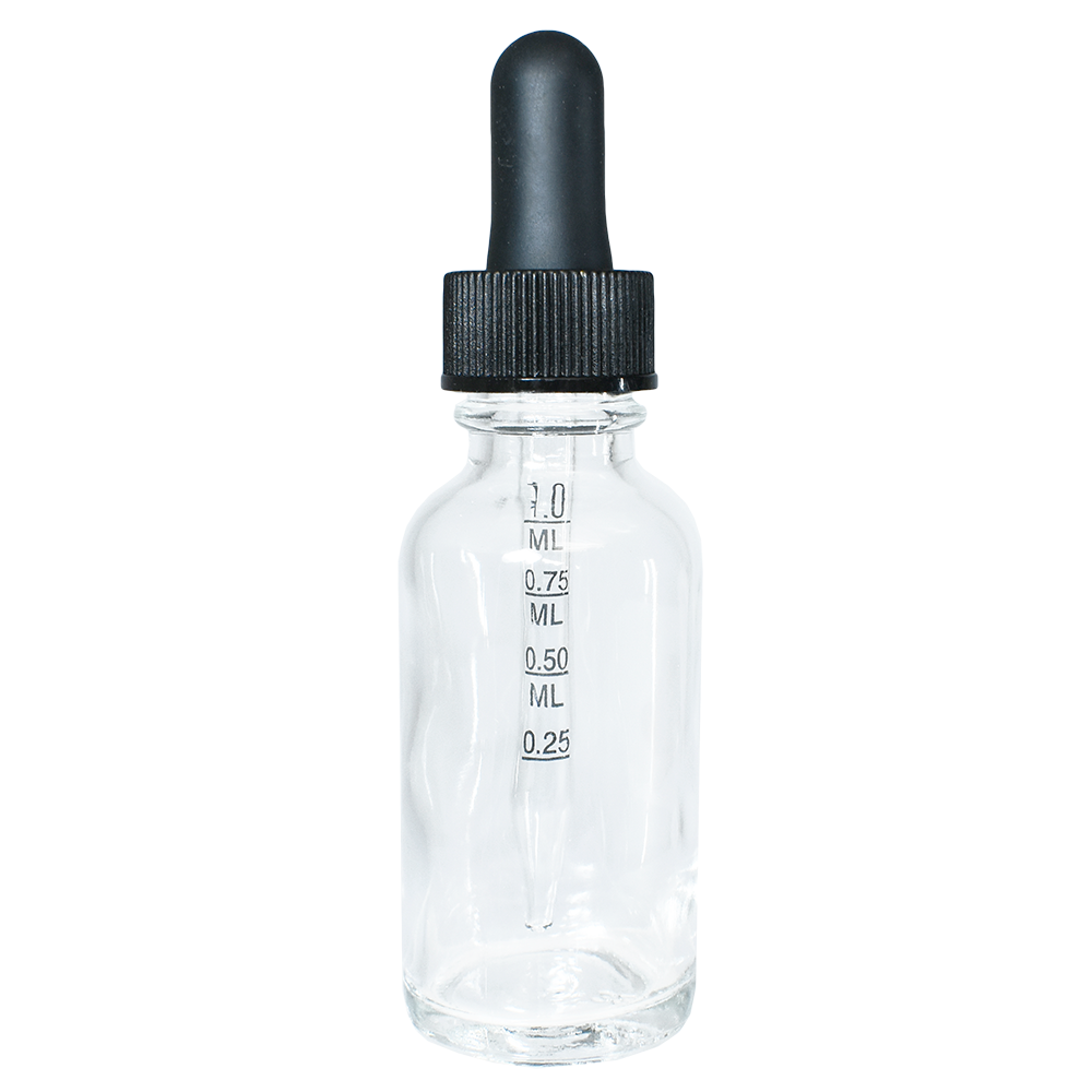 1 oz. Clear Boston Round with Large Bulb Graduated Black Glass Dropper (20/400) (V23) (V15)-Glass Bottle Outlet