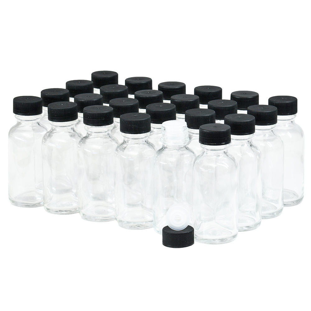 1 oz. Clear Boston Round with Reducer and Black Cap (20/400) (V20) (V6)-Glass Bottle Outlet