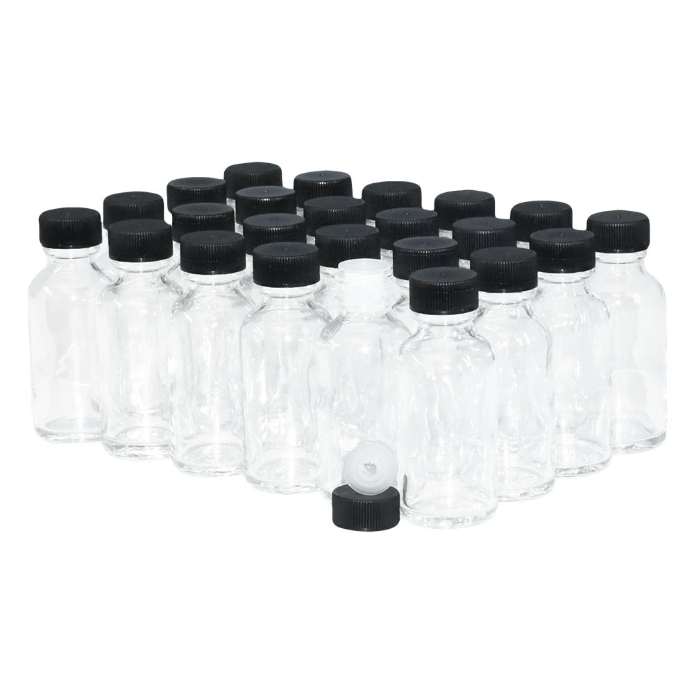 1 oz. Clear Boston Round with Reducer and Black Cap (20/400) (V23) (V6)-Glass Bottle Outlet