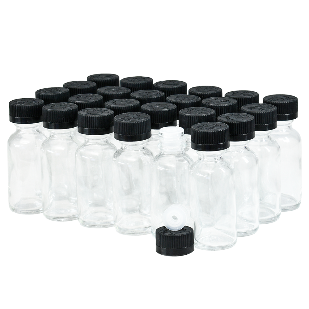 1 oz. Clear Boston Round with Reducer and Black Child-Resistant Cap (20/400) (V20) (V6)-Glass Bottle Outlet