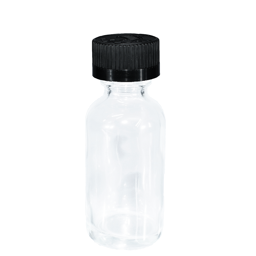 1 oz. Clear Boston Round with Reducer and Black Child-Resistant Cap (20/400) (V8) (V6)-Glass Bottle Outlet