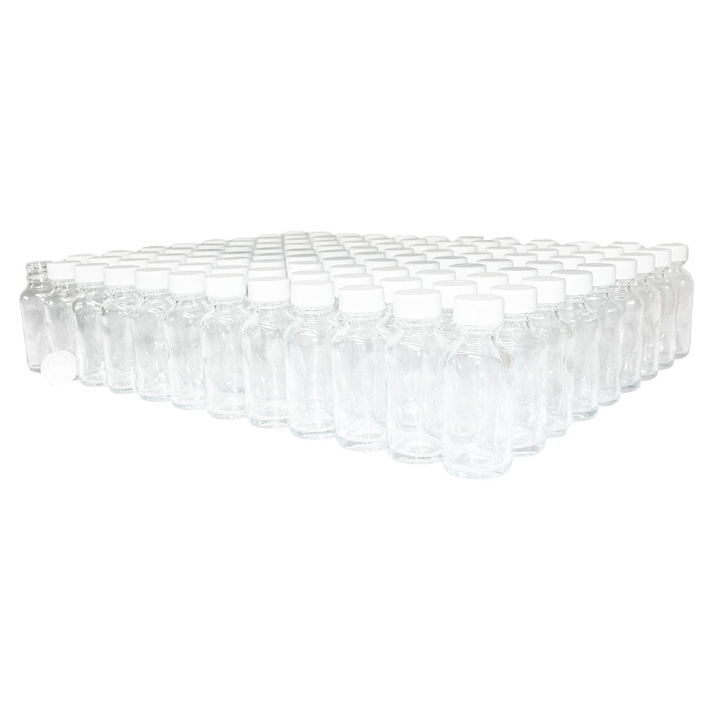 1 oz. Clear Boston Round with Reducer and White Cap (20/400) (V20) (V1)-Glass Bottle Outlet