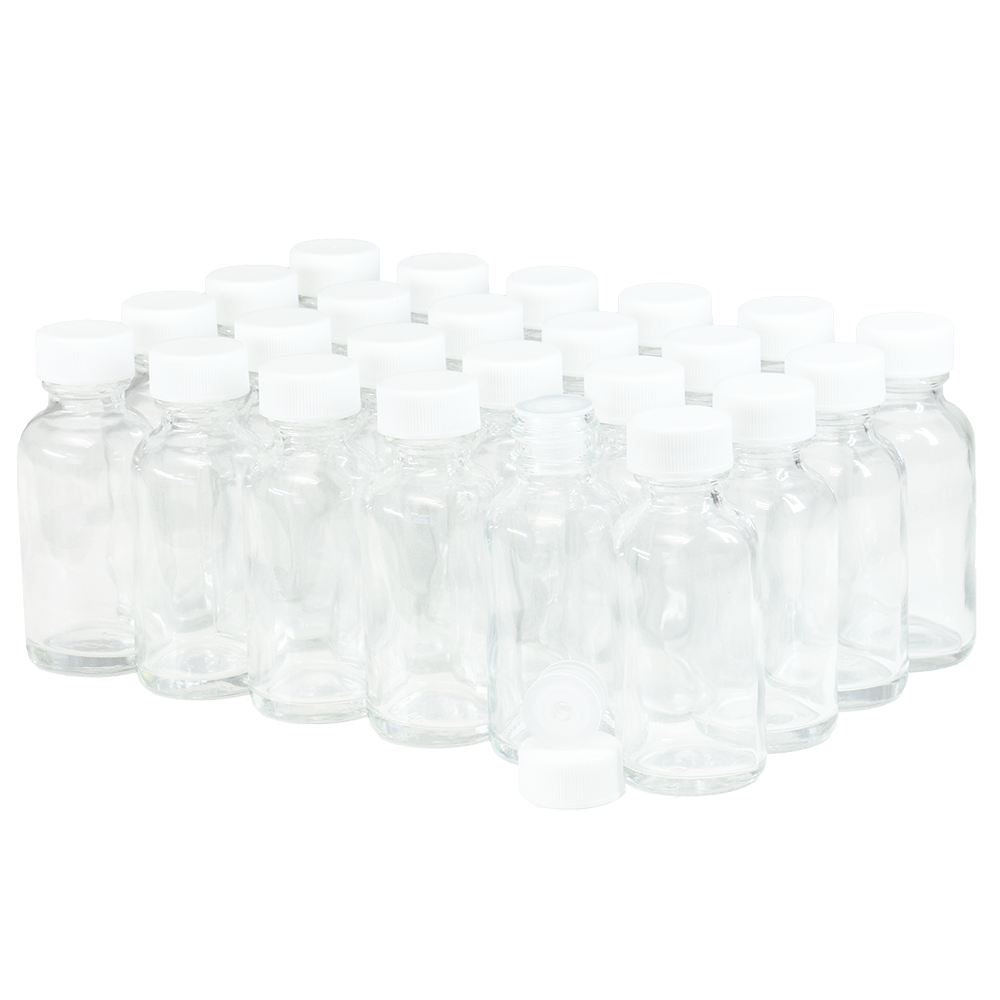 1 oz. Clear Boston Round with Reducer and White Cap (20/400) (V20) (V1)-Glass Bottle Outlet