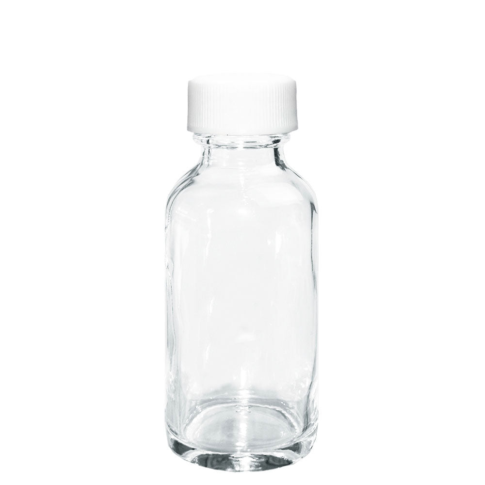 1 oz. Clear Boston Round with Reducer and White Cap (20/400) (V23) (V1)-Glass Bottle Outlet