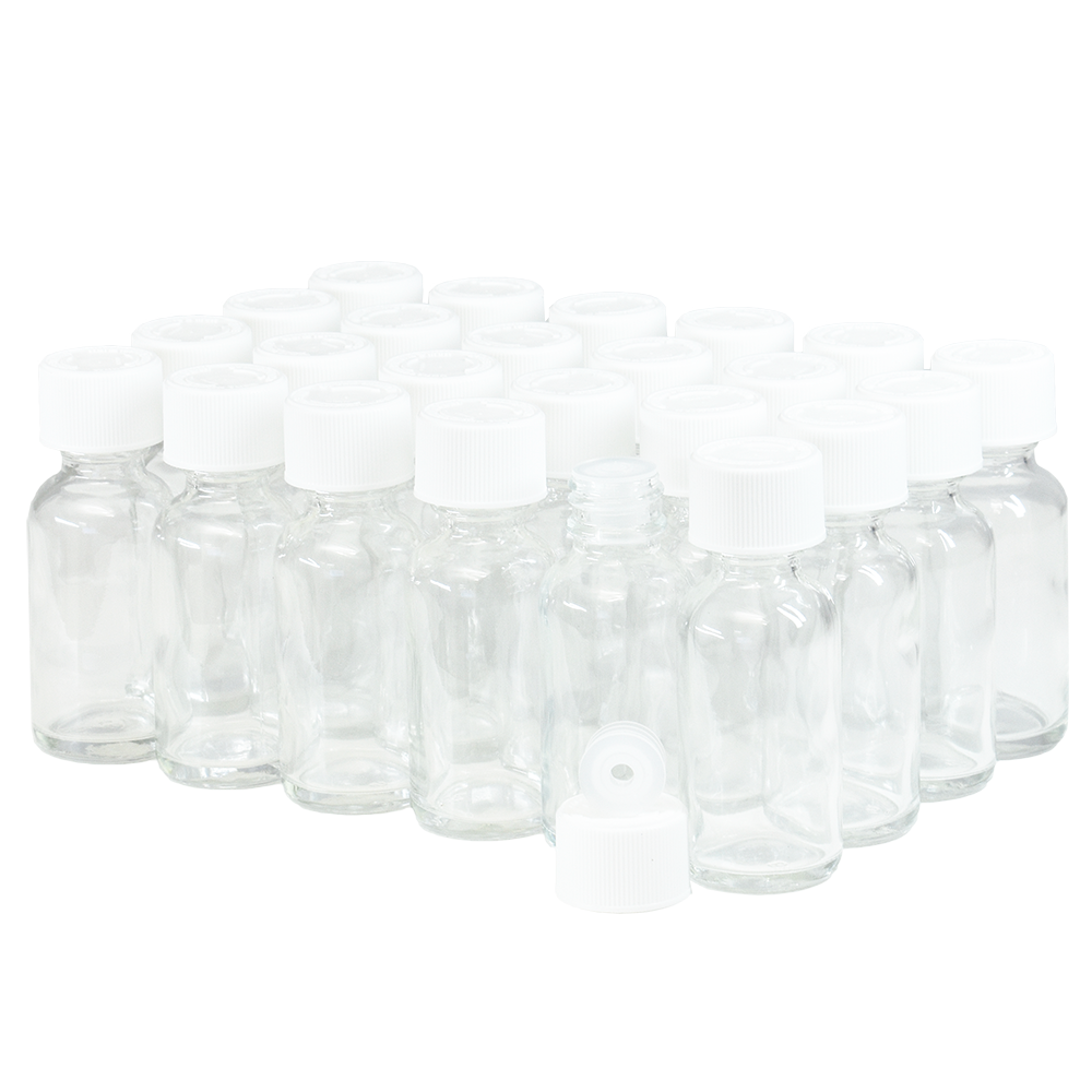 1 oz. Clear Boston Round with Reducer and White Child-Resistant Cap (20/400) (V20) (V6)-Glass Bottle Outlet