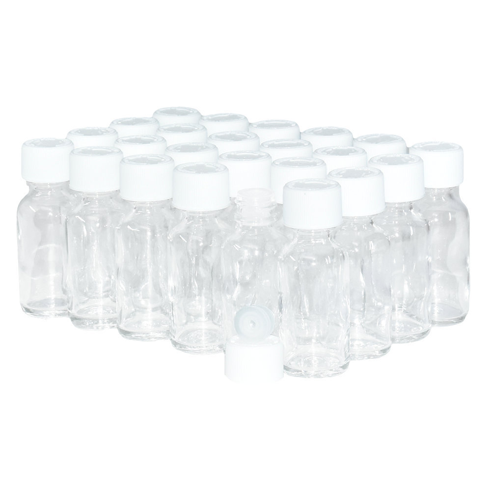 1 oz. Clear Boston Round with Reducer and White Child-Resistant Cap (20/400) (V23) (V6)-Glass Bottle Outlet