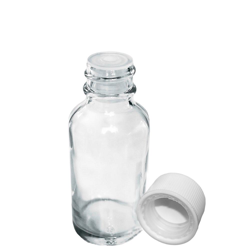1 oz. Clear Boston Round with Reducer and White Child-Resistant Cap (20/400) (V8) (V1)-Glass Bottle Outlet
