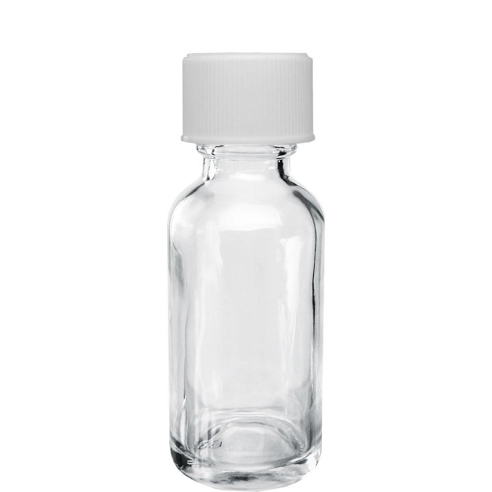 1 oz. Clear Boston Round with Reducer and White Child-Resistant Cap (20/400) (V8) (V1)-Glass Bottle Outlet